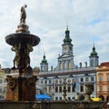 Samsons Fountain and Town Hall on the Main Square at Ceske Budejovice Czech republic Royalty Free Stock Photo